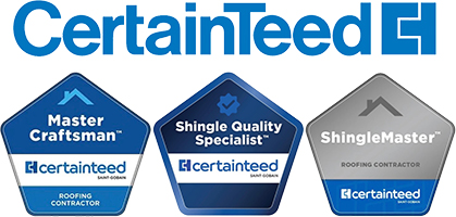 CertainTeed Master Craftsman, Shingle Quality Specialist, and ShingleMaster roofing contractor logos.