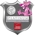 Owens Corning Platinum Preferred Contractor logo featuring the Pink Panther giving a thumbs up.